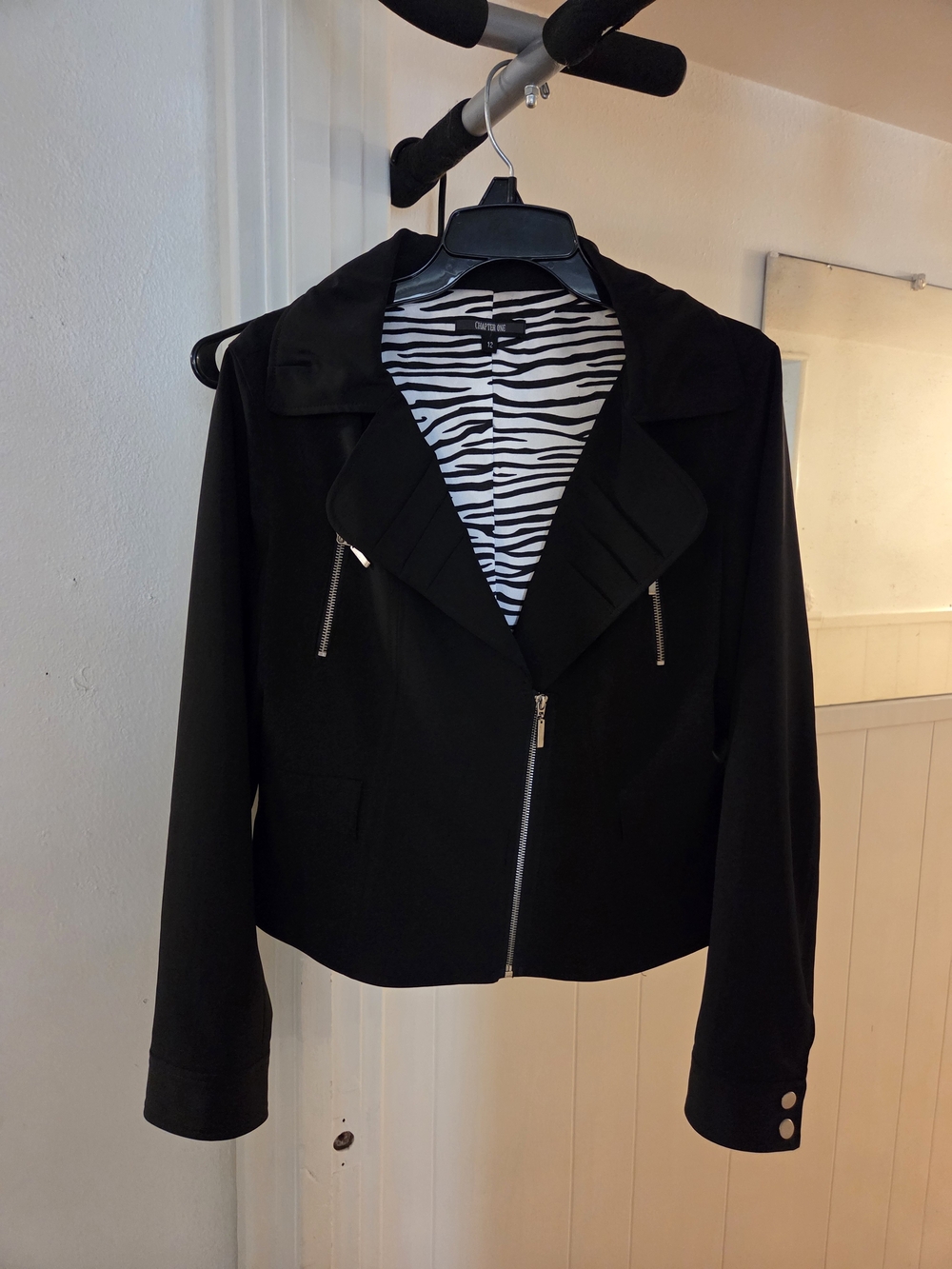 Vintage Zebra Print Jacket Zippers Black & Silver New Wave Punk Size 12